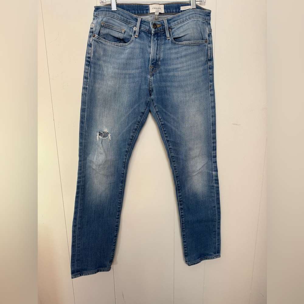 Frame Denim L’Homme Slim Women’s Distressed Medium Wash Cotton Blend Jeans Sz 31